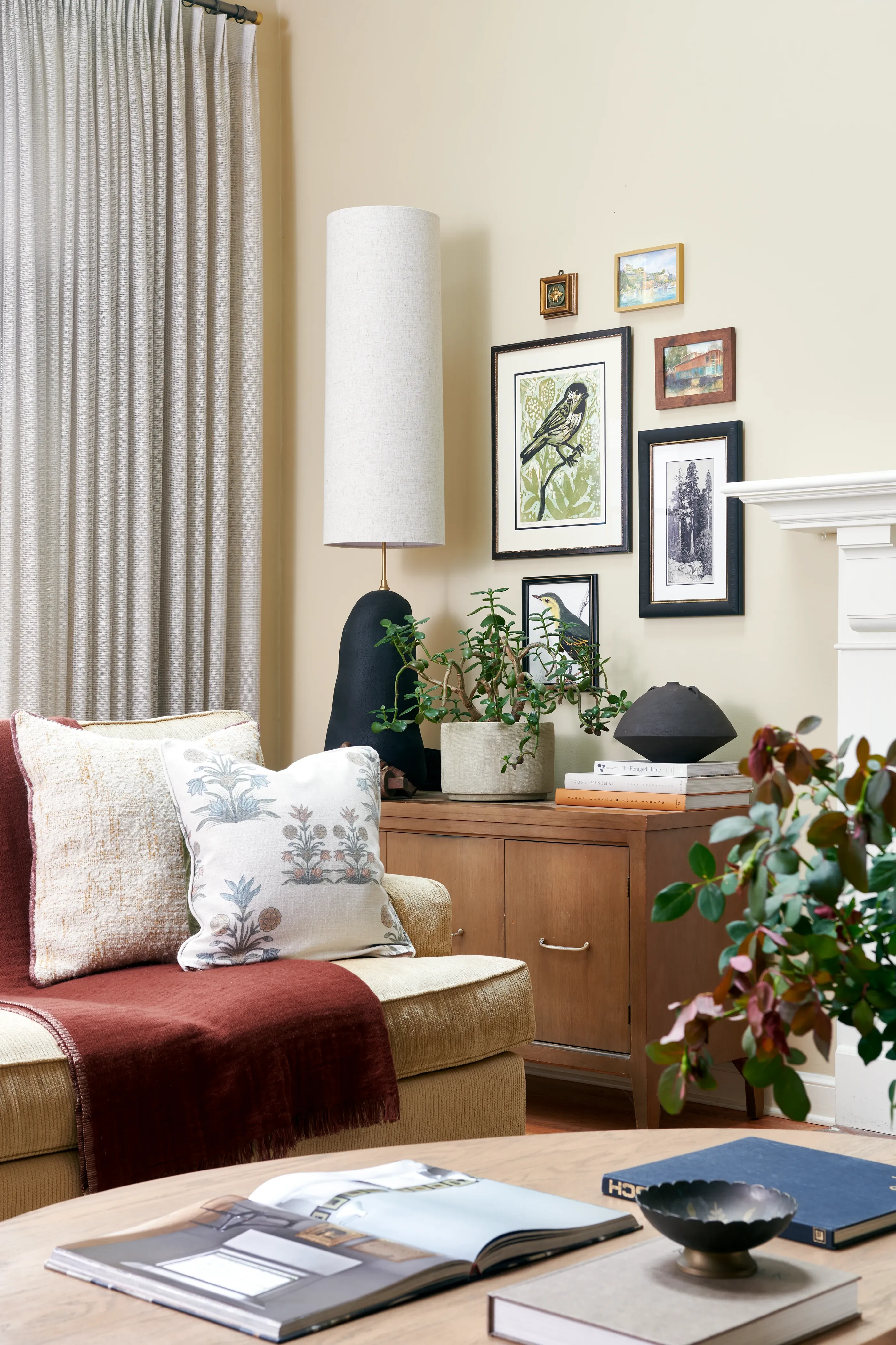 Sofa vignette with botanical pillow, rust velvet throw, and walnut credenza